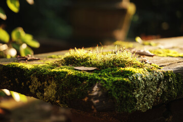 Moss covers a weathered wooden fence, while small wildflowers peek through, illuminated by soft morning light filtering through the trees in a tranquil forest setting