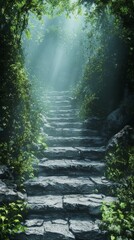 Stone Stairway Ascending Through Lush Greenery with Sunlight