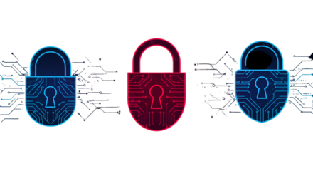 Digital Security Abstract Illustration Featuring Glowing Locks on Black Background