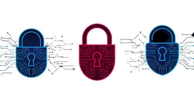 Digital Security Abstract Illustration Featuring Glowing Locks on Black Background
