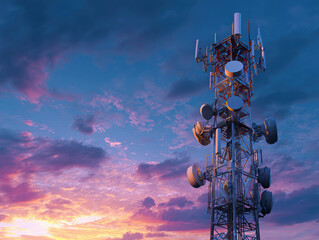 Tall telecommunications tower with multiple cellular dishes against a sunset sky The scene emphasizes the harmonious blend of nature and technology - AI-Generated