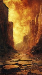 Pathway Through Dramatic Canyon with Golden Light and High Rock Formations