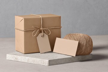 Packaging mockup with kraft paper and strin
