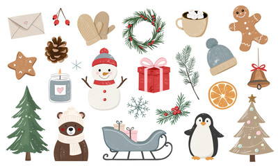 Cute winter elements collection. Hand drawn Christmas set with snowman, bear, trees, sleigh, gingerbread, gifts and cozy details
.