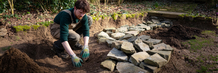 A gardener works diligently in a wildcrafted area, carefully digging into the soil to prepare a garden bed for planting. The tranquility of early spring surrounds the lush landscape