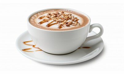 Naklejka premium Hot chocolate beverage with whipped cream and nut topping in white mug