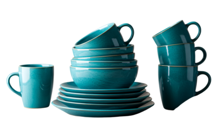 Elegant Teal Ceramic Tableware Set Photo On Isolated Transparent Background