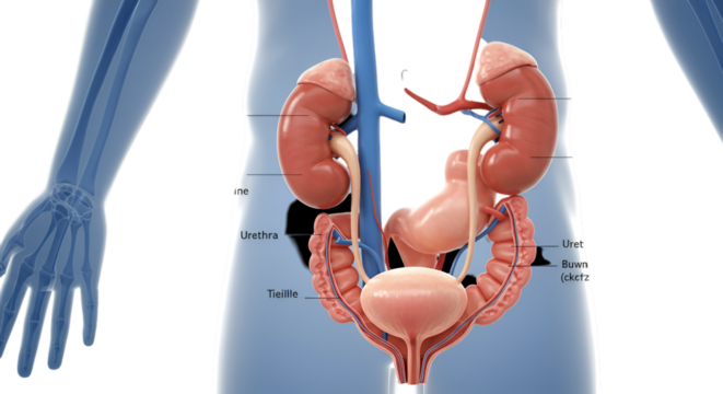 Detailed 3D Illustration of Human Urinary System with Transparent Background