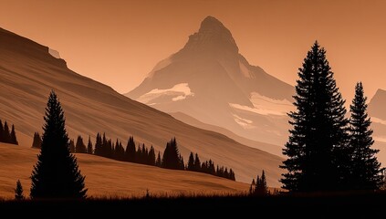 Silhouetted pines against a muted mountain range at sunset