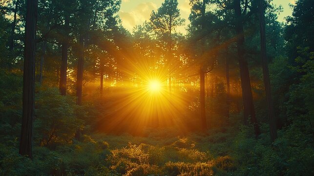 Sun rays burst through dense forest trees at sunset.