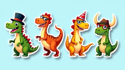 Fototapeta premium Four cartoon dinosaurs in party attire.