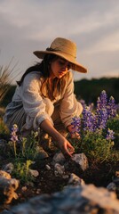 A woman in a straw hat kneels in a peaceful meadow, gently planting flowers among lush greenery as the sun sets, creating a tranquil connection with nature