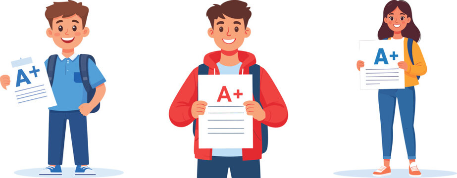 Flat vector cartoon illustration of happy students holding A+ grade test results, academic success, and achievement concept