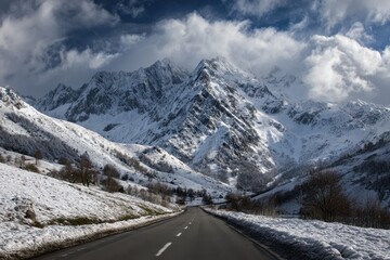 Italian mountains snowy road sky