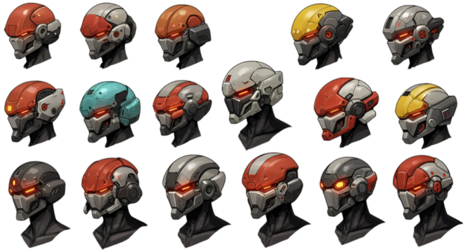 Detailed Illustration Of Cyberpunk Robot Head With Various Color Designs