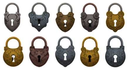 Detailed Pixel Art Lock Collection Isolated On Black Background