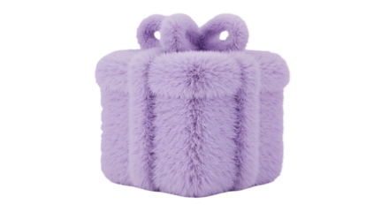 Furry Purple Gift Box with Bow Isolated on Transparent Background 3D Render