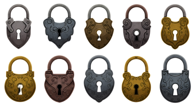 Detailed Pixel Art Lock Collection Isolated On Black Background