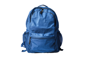 A vibrant, solid blue backpack.  Zippered main compartment and side pockets.  Simple design, front-facing