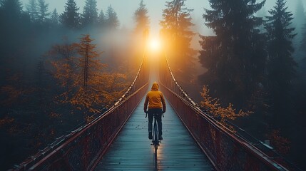 A lone cyclist rides an endless suspension bridge over a misty, fog-covered forest at sunrise, creating a mystical and cinematic travel scene