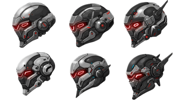 Futuristic Cyberpunk Helmets Illustration With Red Eyes On Transparent Background