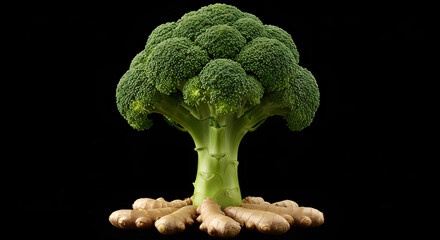 Minimalist Broccoli Tree with Exposed Ginger Roots on Black Background