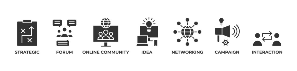 Collaborative Strategy Icons set vector illustration glyph with Strategic, Forum, Online community, Idea, Networking, Campaign, Interaction 