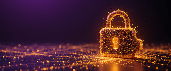 Abstract pop up cyber protection 3d digital lock which created by millions of tiny golden glowing particles connected by glowing lines, in a solid minimalist dark purple gradient texture background, w