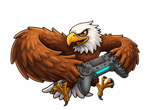 Gaming Eagle Cartoon Illustration with Controller on Transparent Background