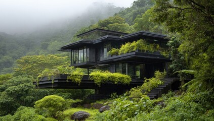 Modern, black house nestled in lush, misty jungle