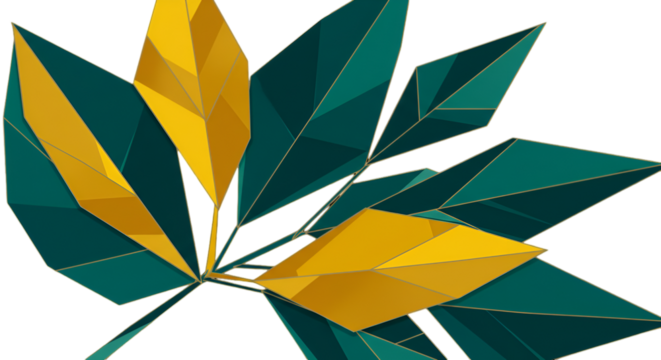 Geometric Golden And Teal Leaves Illustration On Transparent Background