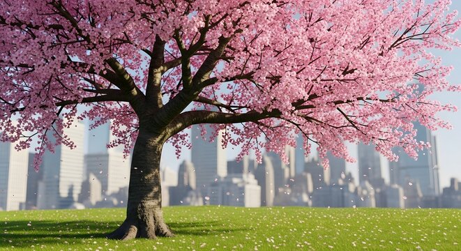 Cherry Blossom Tree in Bloom with a City Skyline in the Background Serene Springtime Scene