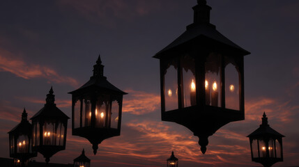 Warm light from hanging lanterns creates magical atmosphere at dusk