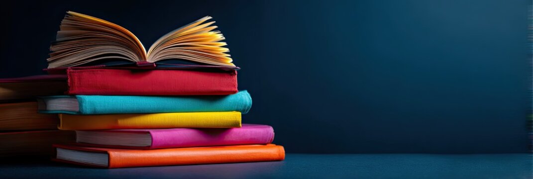 Stack of colorful books with open book