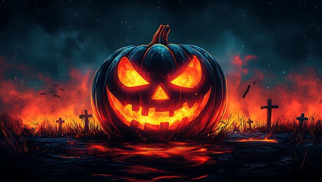 Glowing Jackolantern in a Spooky Cemetery with Fiery Background Halloween pumpkin - Powered by Adobe