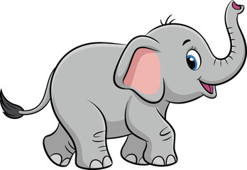 Cute cartoon elephant character illustration—gray smiling animal with raised trunk, pink ears, and friendly expression for kids