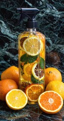 Citrus fruits and herbs in a glass spray bottle.