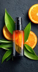 Citrus-infused spray bottle displayed with leaves and slices.