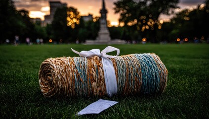 Rolled yarn tied with ribbon on a grassy field.