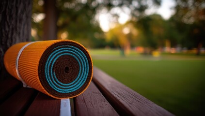 Rolled fabric roll rests on a park bench.