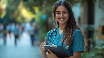 Smiling young female medical professional with stethoscope and clipboard outdoors, giving thumbs up.