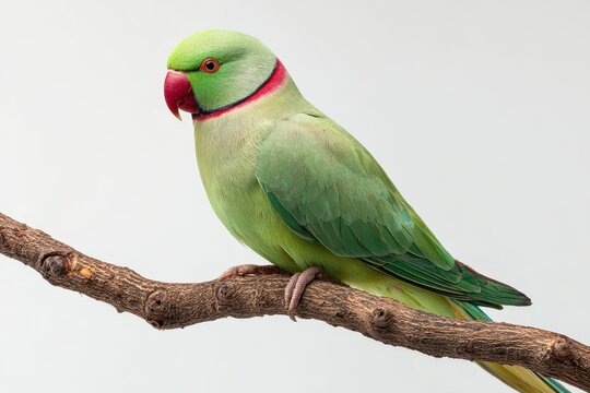 Lovely Alexandrine Parakeet perched on branch with white backdrop