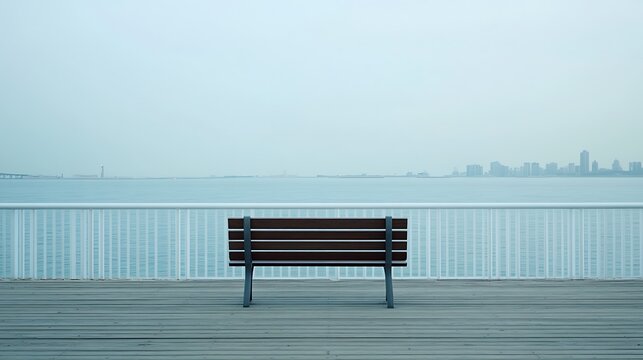 Empty bench on a wooden boardwalk facing a city skyline over the water