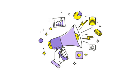 Dynamic Digital Marketing Illustration Featuring a Hand Holding a Megaphone Surrounded by Growth Charts, Currency Icons, and Social Media Symbols Representing Effective Communication Strategies