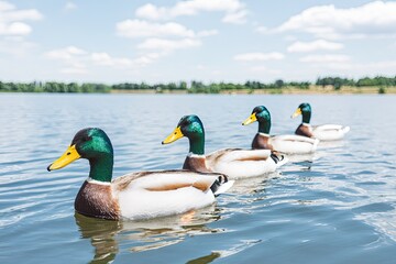 Four ducks in a row on a lake