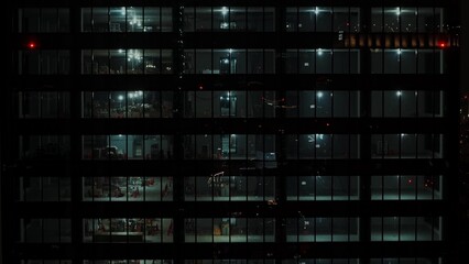 Obraz premium A view of a glass skyscraper from drone at night. Tokyo, Japan from a bird's eye view