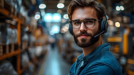 Factory worker providing efficient customer service with headset