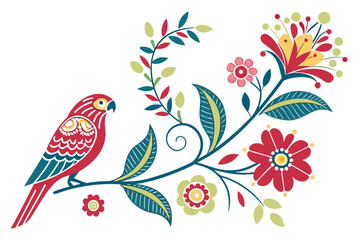 Stylized red parrot on a branch with flowers isolated on white background