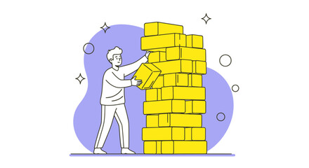 Dynamic Illustration of a Young Man Strategically Balancing Yellow Building Blocks in a Playful Setting, Representing Creativity and Problem-Solving Skills in Modern Design