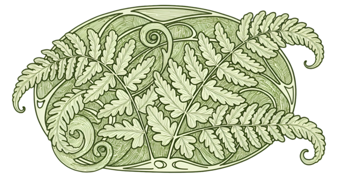 Elegant Botanical Illustration Of Green Fern Leaves In Classic Style With White Outline